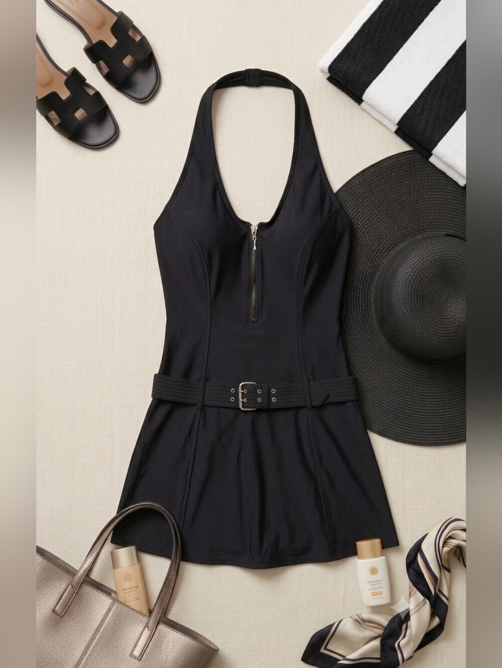 Shape FX Swim Black One Piece Belted Skirted Halter Top Swimsuit